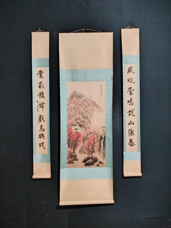 中国工芸品、中国書道 中国骨董コレクション No.DX172 精巧で希少な山水画と連句、書道
