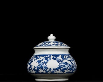 Exquisite and rare Chinese antique hand-painted blue and white porcelain jar with floral patterns in white space.