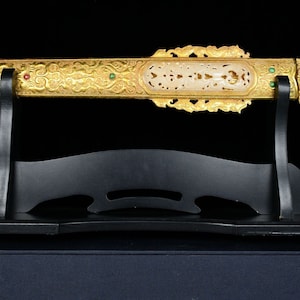 Chinese Antique Handmade Large Exquisite Rare Bronze Gilt Inlaid Jade Sword Ornament