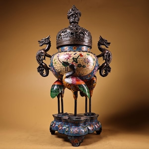 Large exquisite pure copper cloisonné enamel three crane incense burner ornaments made by hand