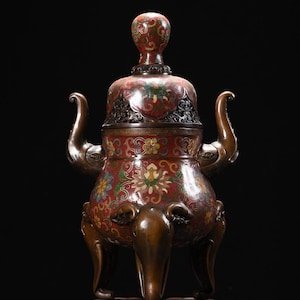 A rare and exquisite handcrafted Chinese antique pure copper cloisonné lotus pattern elephant ear incense burner ornament