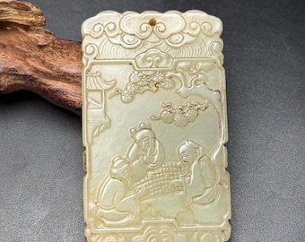 Exquisite double-sided jade pendant with figures and stories, hand-carved from Chinese white jade.
