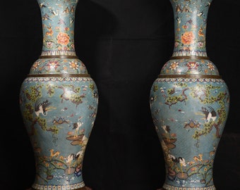 Chinese Antique Handcrafted Huge Exquisite and Rare Cloisonné Pine and Crane Vase Ornaments Pair