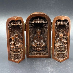 Colección de tres decoraciones de caja abierta taoísta Sanqing de boj de boutique
