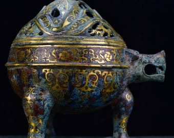 Exquisite bronze tiger-shaped incense burner sculpture, handcrafted from antique Chinese materials.