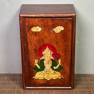 Chinese antique pure hand-carved exquisite rare rosewood inlaid shell thangka pattern storage box jewelry box ornaments