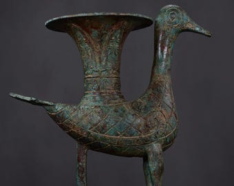 Exquisite bronze duck-shaped vase sculpture, handcrafted from antique Chinese materials.