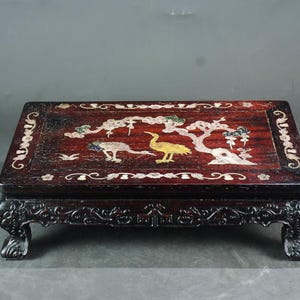 Chinese antique pure hand-carved exquisite rare rosewood inlaid shell crane deer spring kang table tea table ornaments