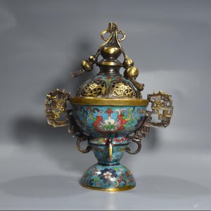 Chinese antique handmade exquisite rare pure copper cloisonne filigree gourd cover incense burner ornaments