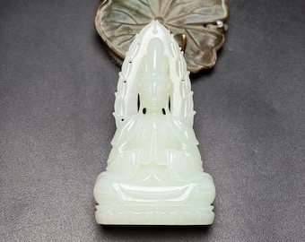 Exquisite handmade carved Guanyin pendant made of Chinese white jade