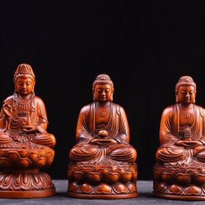 Chinese Boxwood Hand Carved Exquisite Rare Three Treasures Buddha Statue Ornament