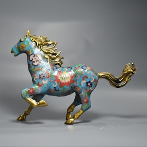 Chinese antique handmade pure copper cloisonné filigree running horse statue ornaments