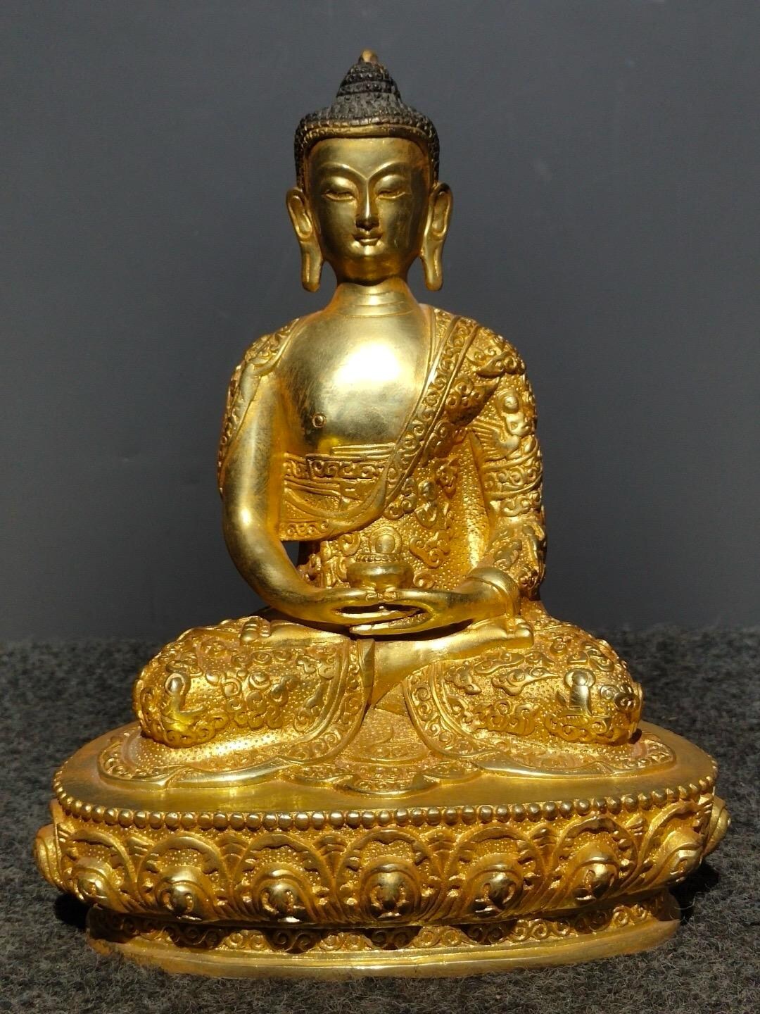 稀少珍品！純銅茶に金華厳三聖釈迦の仏像を貼って家でお供えします1480 中国のアンティーク手作りの絶妙な希少な純銅の金箔釈迦牟尼仏像の装飾