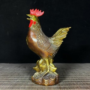 Chinese antique handmade exquisite rare pure copper gilt painted ingot rooster statue ornaments