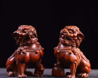 中国産ツゲから手彫りされた、希少な獅子像の置物一組 - Etsy 日本