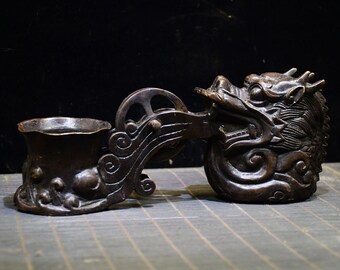 Exquisite handmade antique Chinese copper dragon head ink bucket ornament