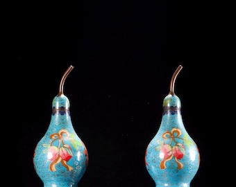 A pair of exquisite handmade antique Chinese bronze cloisonn é peach patterned gourd ornaments