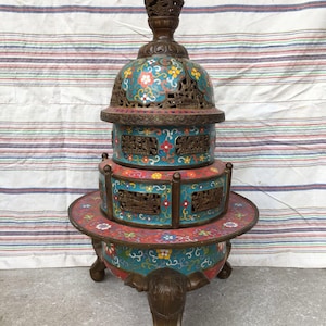 Large Chinese antique handmade pure copper cloisonné enamel dragon cover elephant foot incense burner ornaments