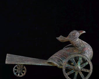 Exquisite bronze bird chariot sculpture, handcrafted from Chinese antiques.