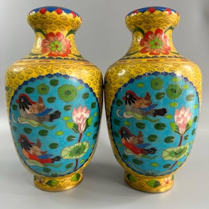 A pair of antique Chinese handcrafted copper cloisonné enamel garlic-shaped mandarin duck vases