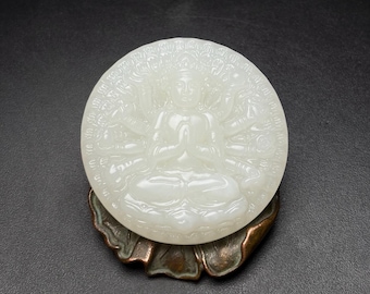 Exquisite Thousand Hand Guanyin Round Pendant Carved by Hand from Chinese White Jade
