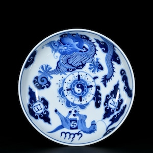 Antique Chinese hand-painted exquisite rare blue and white dragon pattern plate ornament