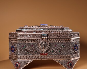 Exquisite rare filigree inlaid gemstone multi-treasure box ornament made by Chinese antiques