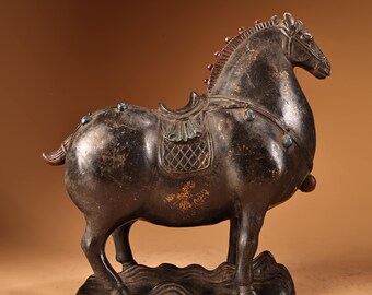 Exquisite Chinese antique, handcrafted, pure copper relief horse zodiac statue.