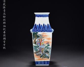 Exquisite Chinese antique blue and white porcelain vase with a painting of immortals celebrating longevity, entirely handmade.