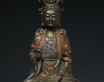 Exquisite and rare pure copper hand-made Chinese antique Guanyin Buddha statue with gold rubbing