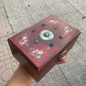 Chinese antique pure hand-carved exquisite rare rosewood inlaid shell floral pattern gemstone jewelry box ornaments