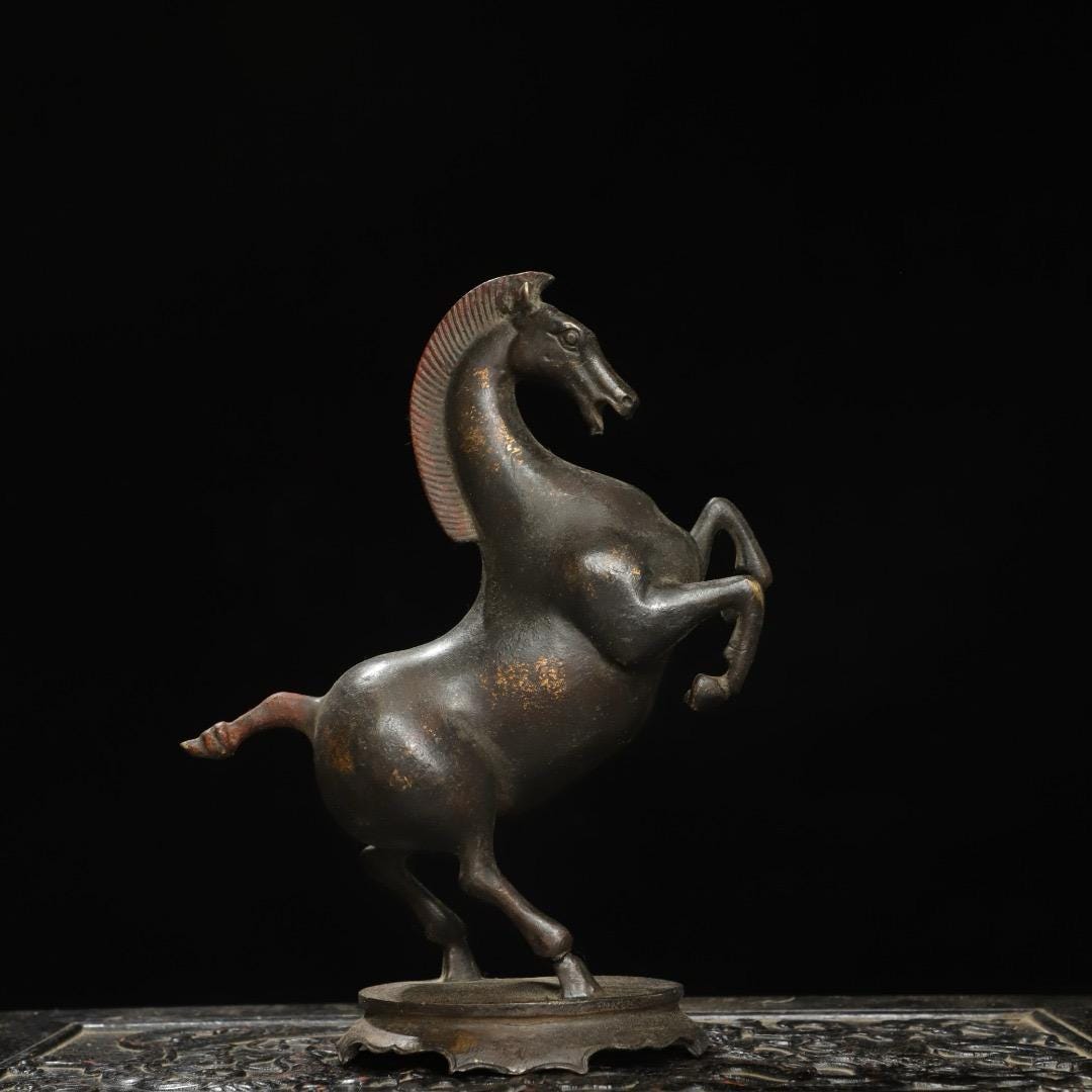聖獣銅像　銅製　中国古玩　時代物　骨董アンティーク 中国のアンティーク手作りの絶妙な希少な純銅の唐の馬の像の装飾