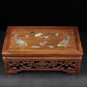 Chinese antique hand-carved exquisite rare rosewood inlaid shells double fish lotus pattern coffee table base ornament