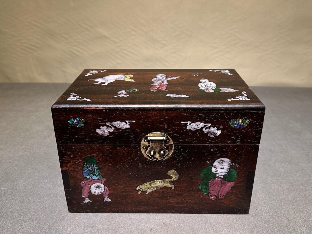Chinese Shell Inlay Box Antique Chinese Rosewood Jewelry Box, Seashell Inlay Five Blessings - Etsy