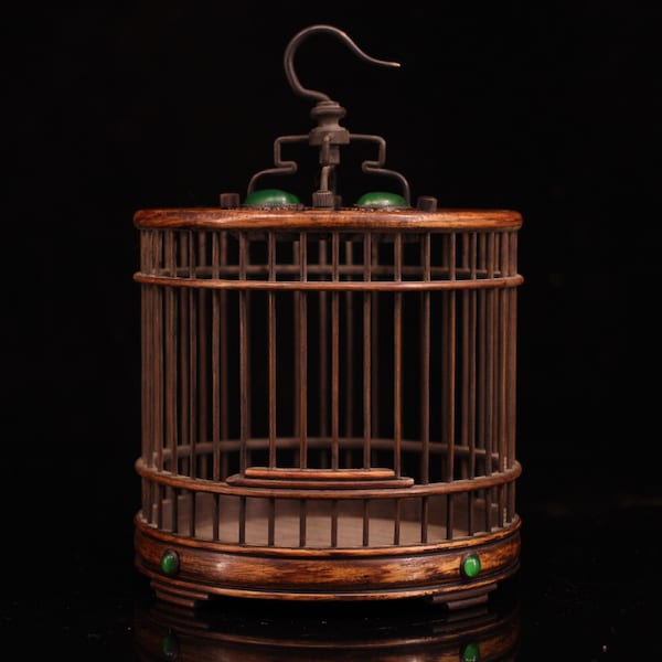 Cage à oiseaux antique chinoise, boiserie, incrustation de pierres précieuses à la main