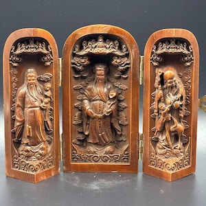 Exquisite and Rare Three Open Fu Lu Shou Box Decoration Hand Carved from Chinese Boxwood