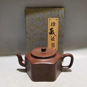 Chinese antique pure hand-painted clay exquisite rare hexagonal engraved teapot purple clay teapot tea set ornaments