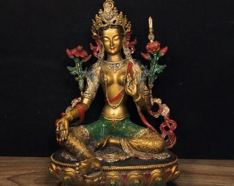 Exquisite and rare pure copper painted green Tara Buddha statue made by Chinese antiques