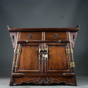 Chinese antique pure hand-carved exquisite rare rosewood inlaid with copper auspicious cloud pattern altar small cabinet ornaments
