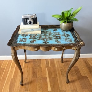 Gilded Florentine side table from Italy // vintage molded plastic Italian table // made in Florence // gold and blue end table //