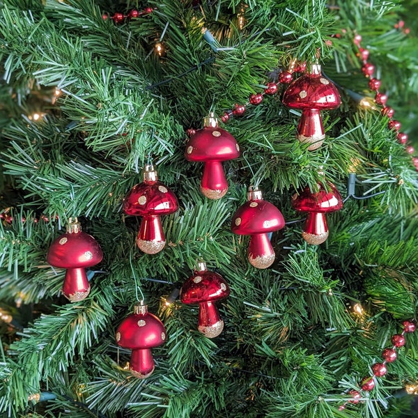 8 mushroom Christmas ornaments / red holiday decor / vintage Christmas decor / mushroom collection / midcentury mushroom / polkadot mushroom