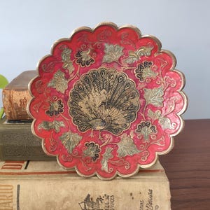 Cloisonné peacock tray, red black floral design, vintage enameled brass catchall, brass jewelry storage, floral chinoiserie trinket dish