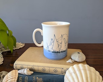 Stoneware mug with sailing ocean theme + pyramids / blue white ceramic mug / sailboat mug / England sphynx mug / nautical mug // coastalcore