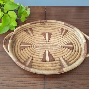 Large woven sweetgrass basket with handles // vintage oval centerpiece tray // cottage core style // neutral home / rattan coffee table tray