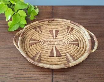 Large woven sweetgrass basket with handles // vintage oval centerpiece tray // cottage core style // neutral home / rattan coffee table tray
