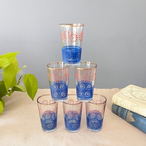 6 vintage shot glasses from Italy / blue red gold licor glasses / mcm barware / mid-century shot glass set / Valentine&#39;s gift / vintage bar