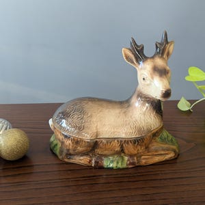 Ceramic deer candy dish, vintage centerpiece, French faience deer, decorative holiday deer, farmhouse Christmas, deer cookie jar, deer bowl