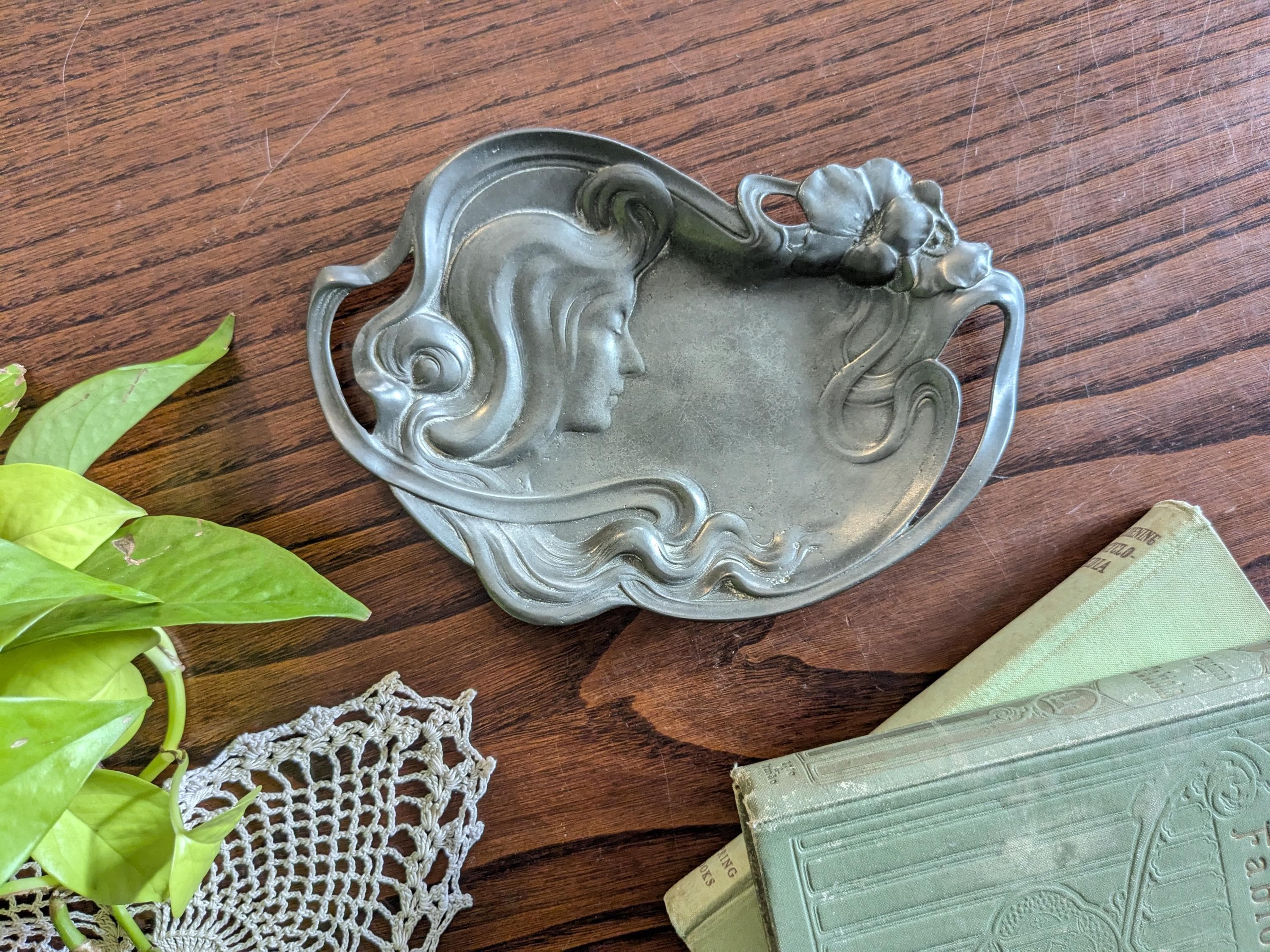 Vintage pewter art nouveau trinket dish woman flowing hair, silver pewter ashtray woman's face, boho jewelry tray, 1920s silver catchall