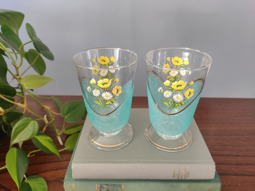Vintage Fluted Drinking Glasses With Frosted Blue Turquoise Textured