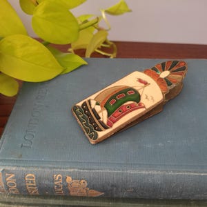 Nautical cloisonné document clip with ship, vintage enameled brass paper clip, owl document clip, hand-painted brass office supplies